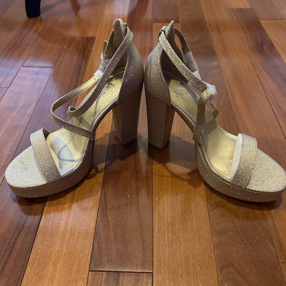 Trary Women's Strappy Platform Chunky High Heels Glitter Gold size 8.5